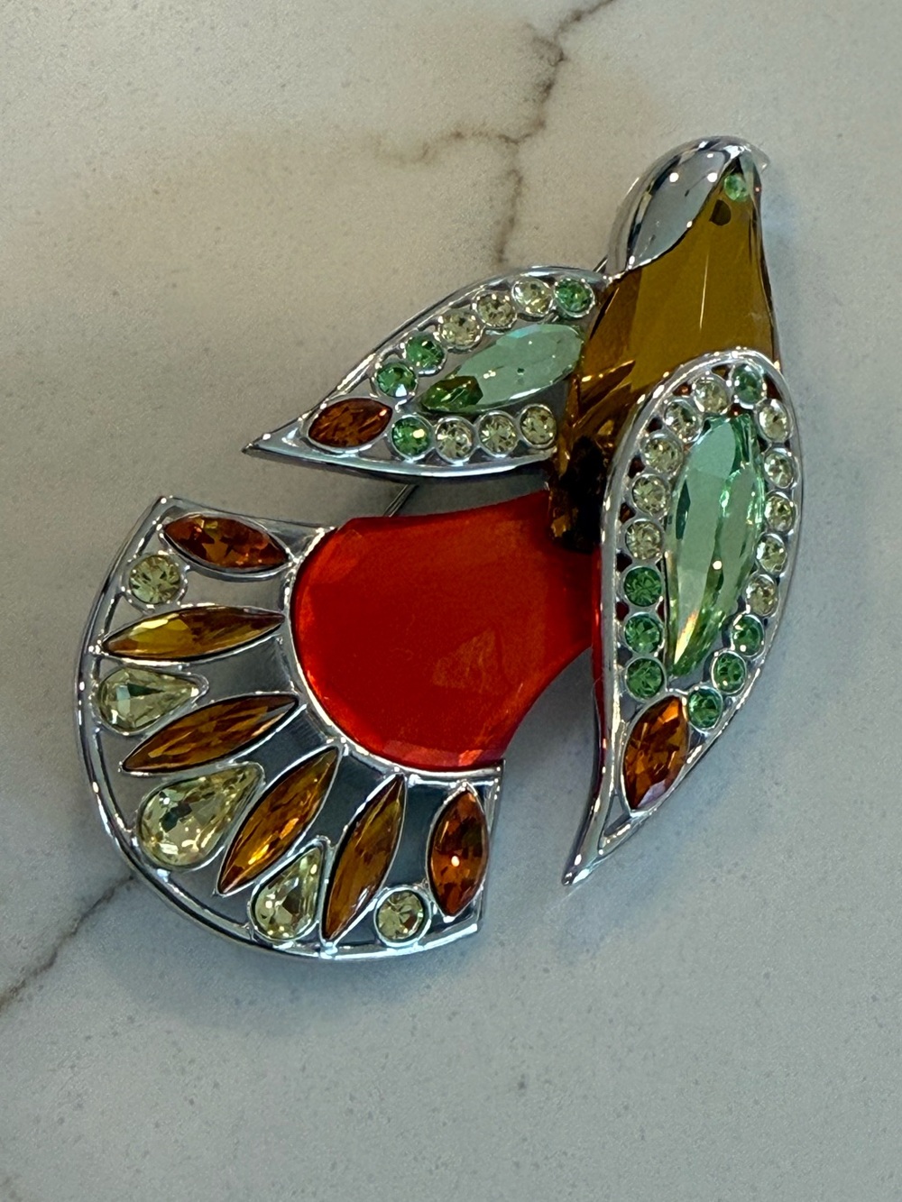 Swarovski Signed .925 Multicolor Crystal Statement Brooch - Red, Green & Amber